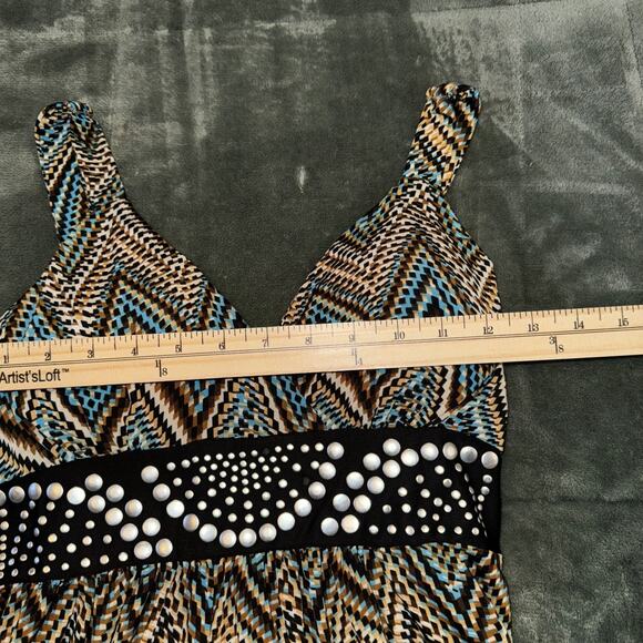 Y2K Studio West Midi Dress Women's Large Boho Chevron Print Studded Belt V-Neck - Picture 9 of 9